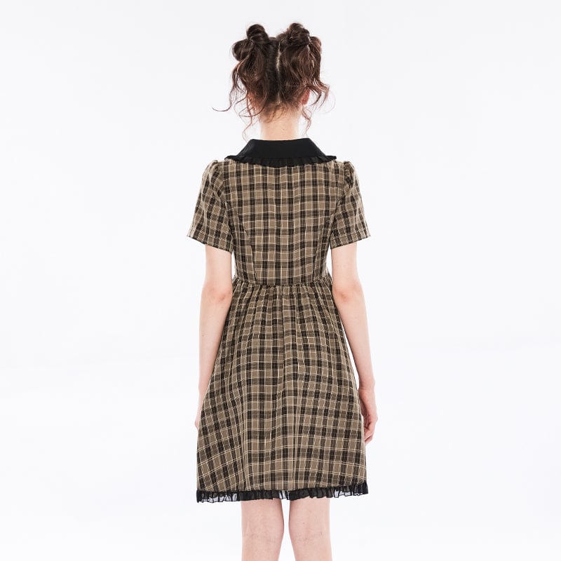 Punk Rave Women's Grunge Peter Pan Collar V-neck Plaid Dress