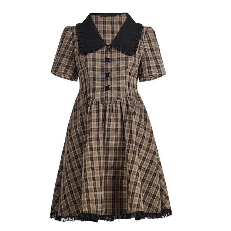 Punk Rave Women's Grunge Peter Pan Collar V-neck Plaid Dress