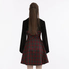 PUNK RAVE Women's Grunge Plaid Splice Velvet Dress with Hood
