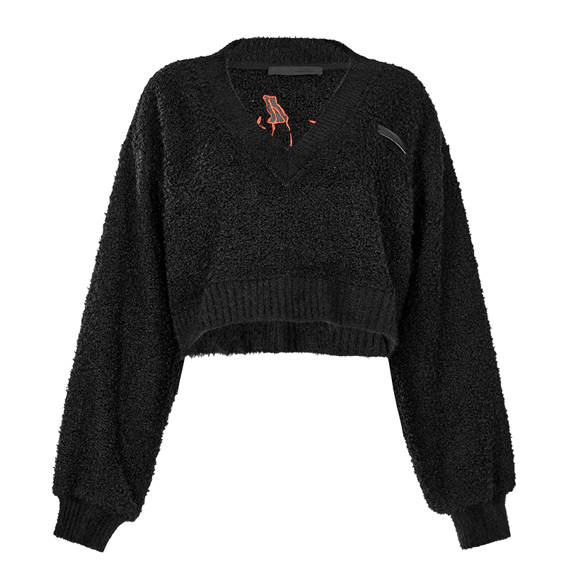 PUNK RAVE Women's Grunge Plunging Pumpkin Embroidered Short Sweater