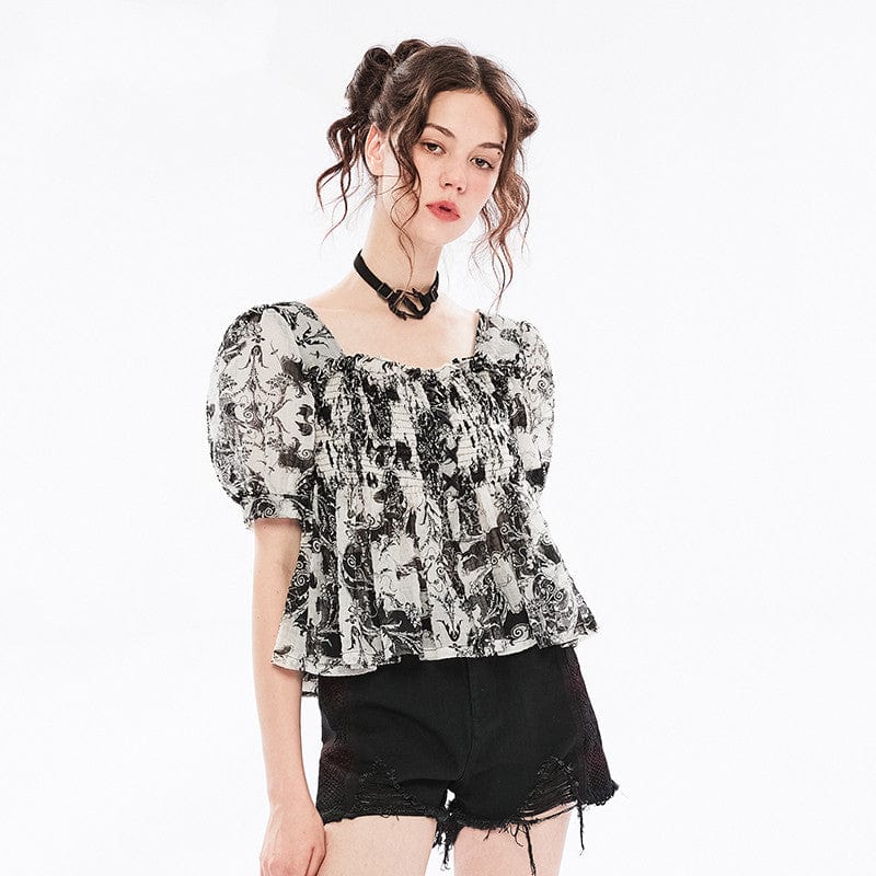 Punk Rave Women's Grunge Puff Sleeved Square Collar Floral Chffion Top