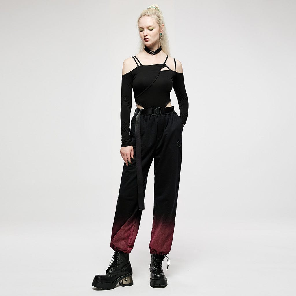 Punk Rave Women's Grunge Red Gradient Overalls With Belt