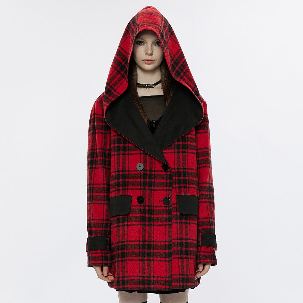 PUNK RAVE Women's Grunge Reversible Plaid Coat with Hood