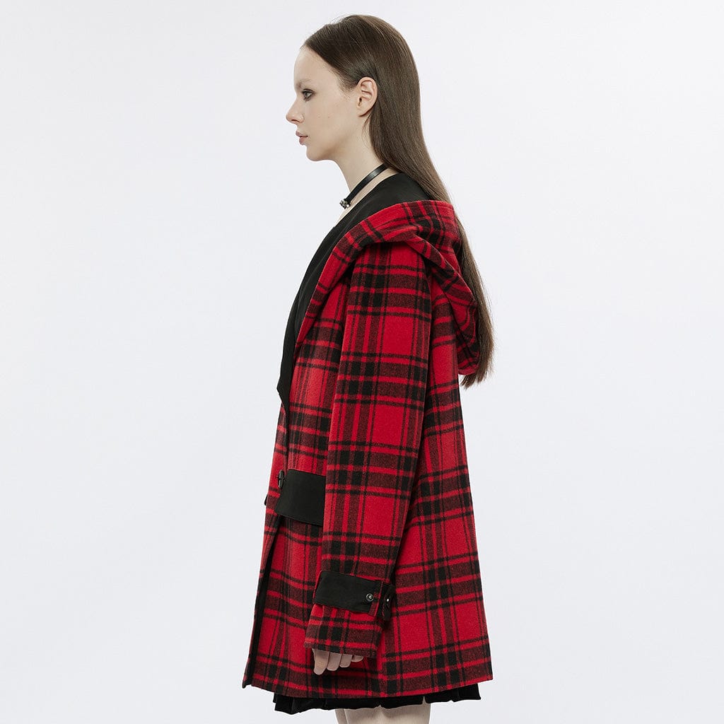 PUNK RAVE Women's Grunge Reversible Plaid Coat with Hood