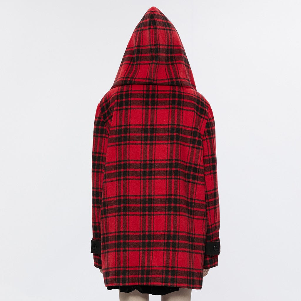 PUNK RAVE Women's Grunge Reversible Plaid Coat with Hood