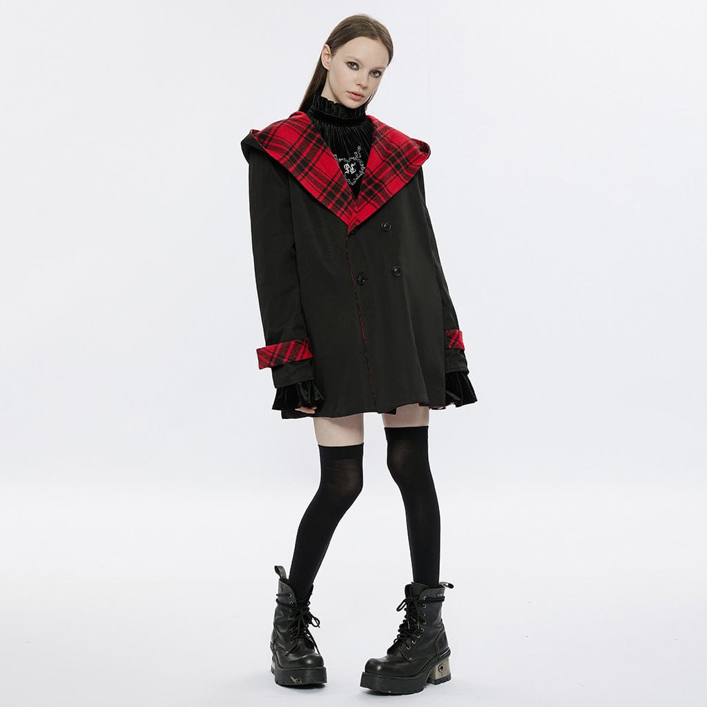 PUNK RAVE Women's Grunge Reversible Plaid Coat with Hood