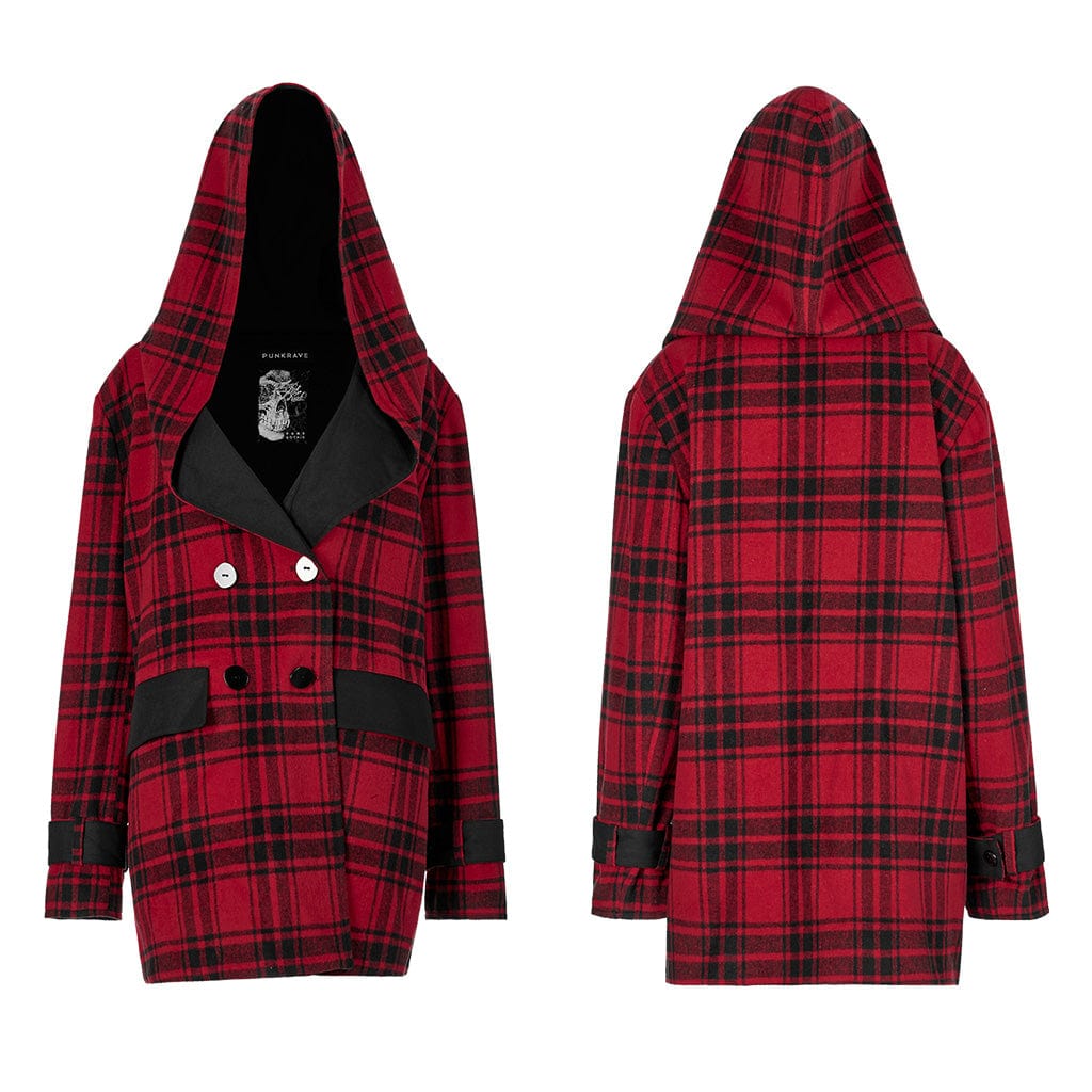 PUNK RAVE Women's Grunge Reversible Plaid Coat with Hood