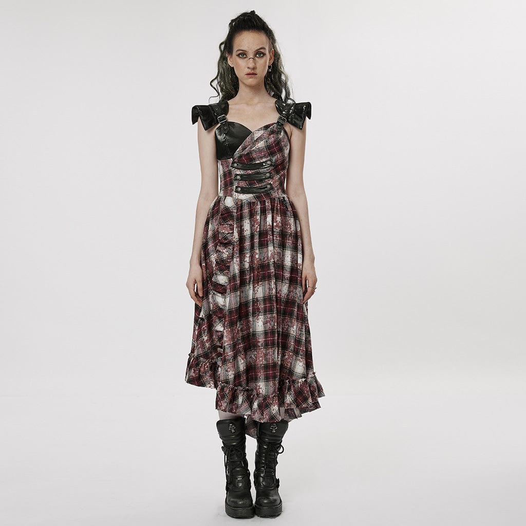 PUNK RAVE Women's Grunge Ruffled Plaid Dress with Shoulder Pad