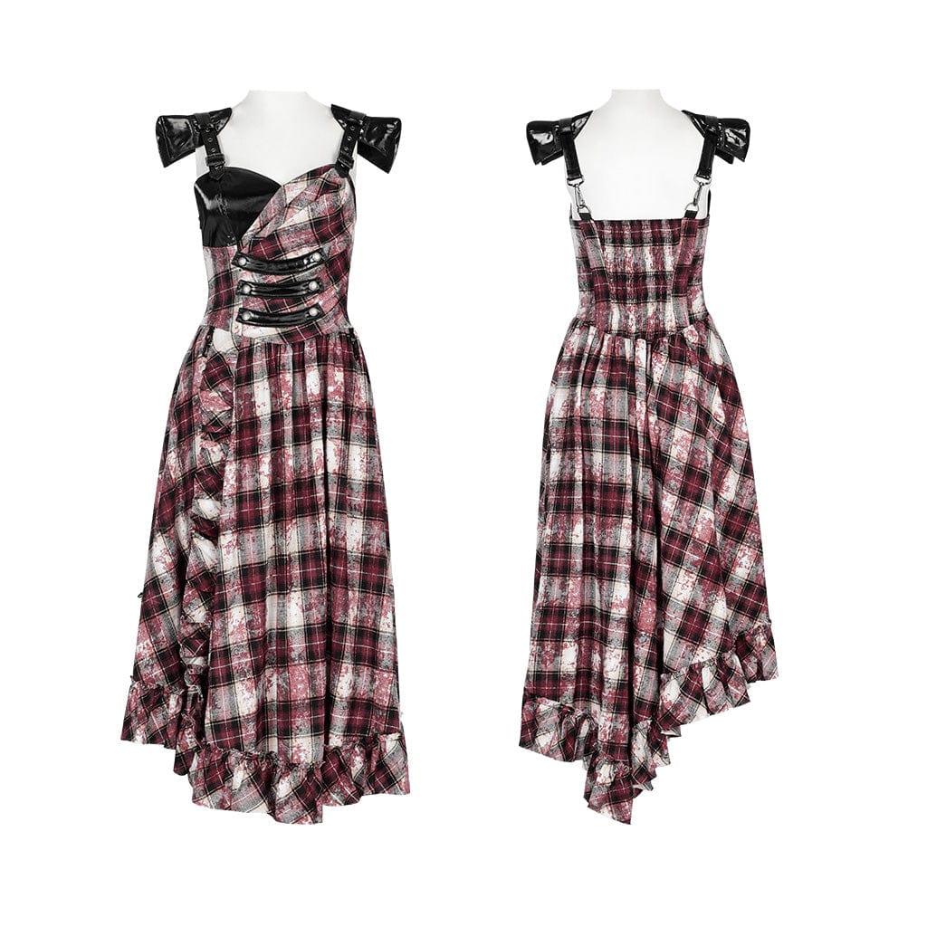 PUNK RAVE Women's Grunge Ruffled Plaid Dress with Shoulder Pad