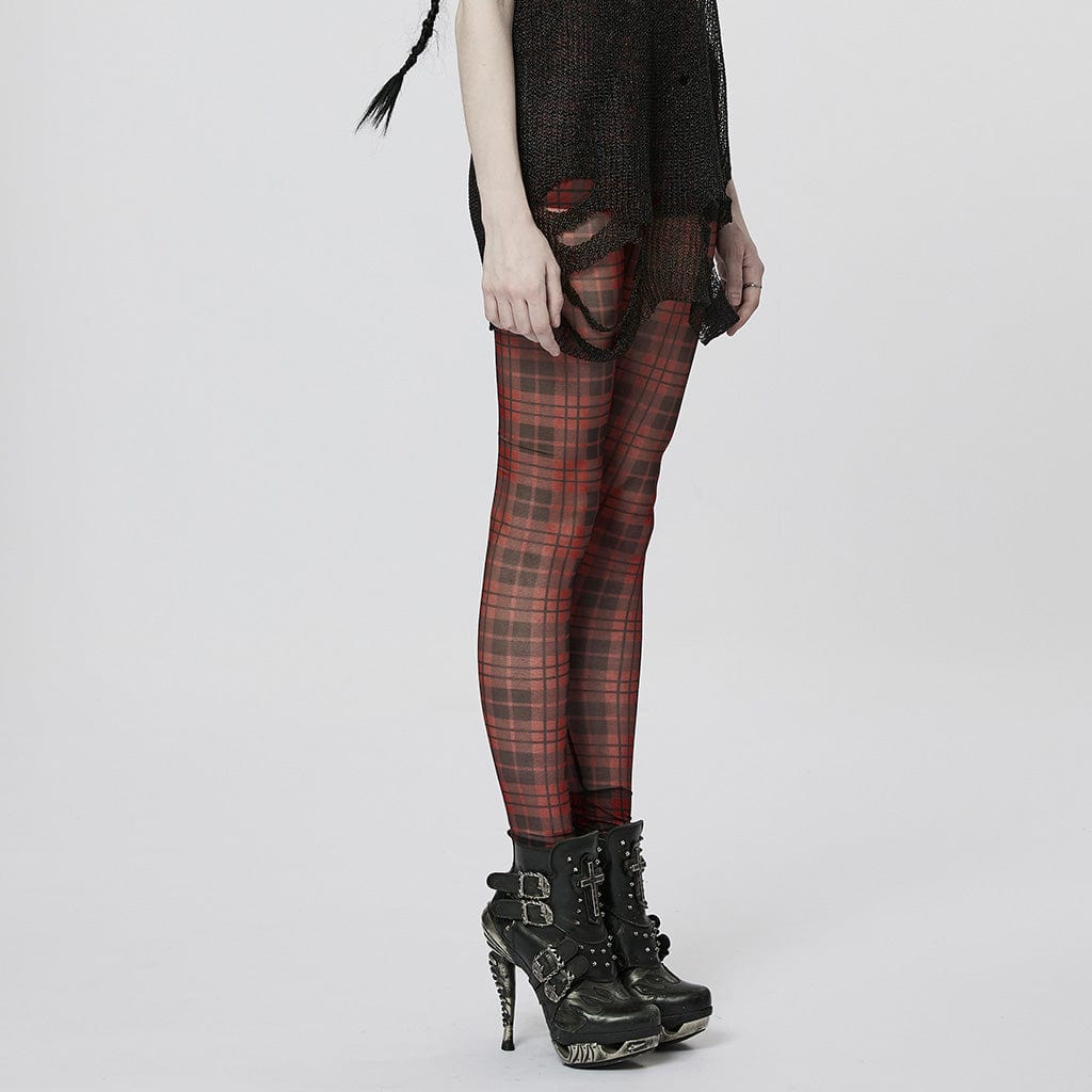 PUNK RAVE Women's Grunge Sheer Plaid Leggings