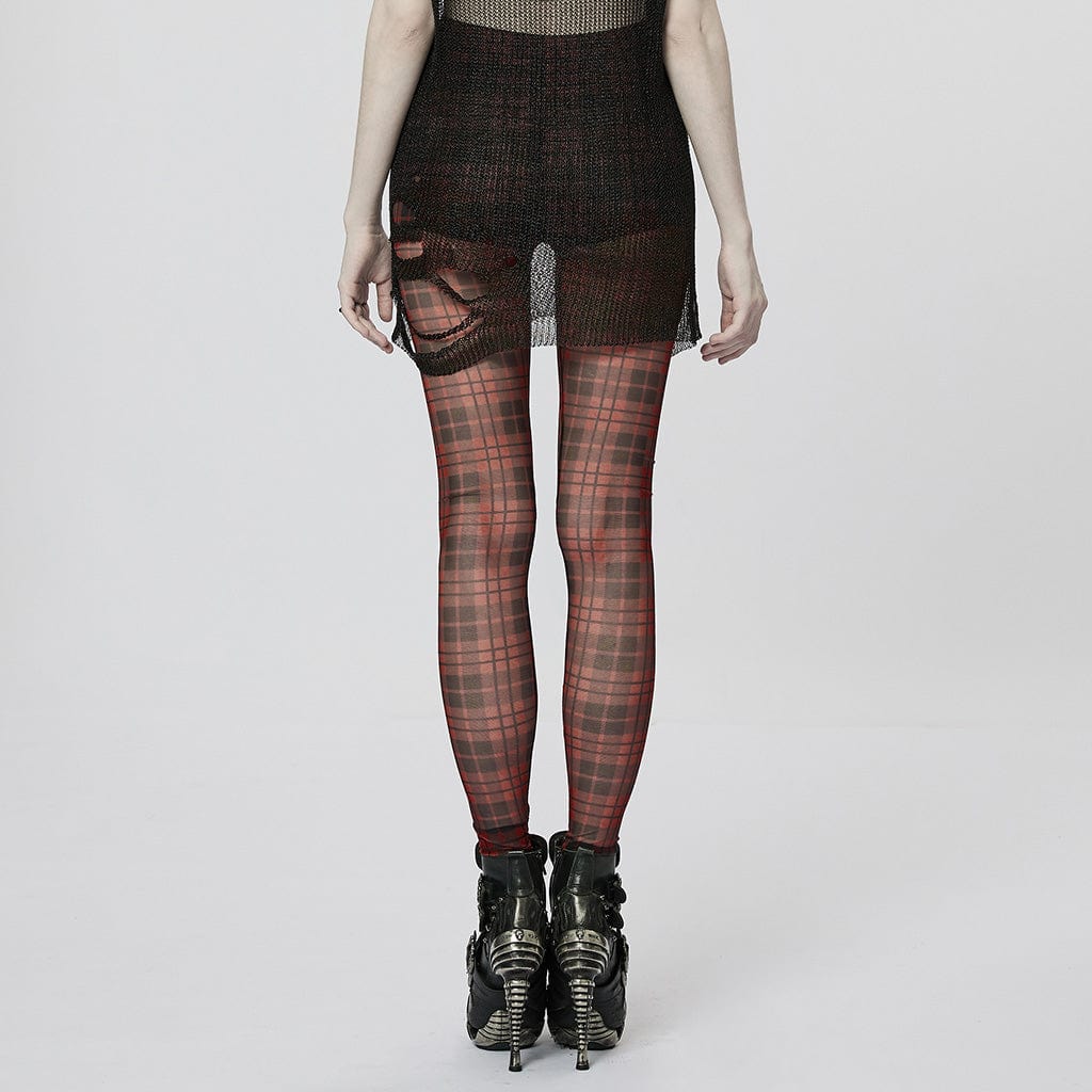 PUNK RAVE Women's Grunge Sheer Plaid Leggings