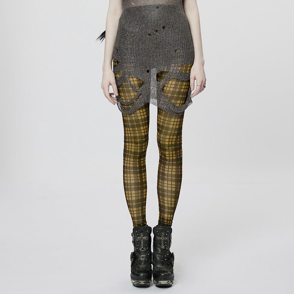 PUNK RAVE Women's Grunge Sheer Plaid Leggings