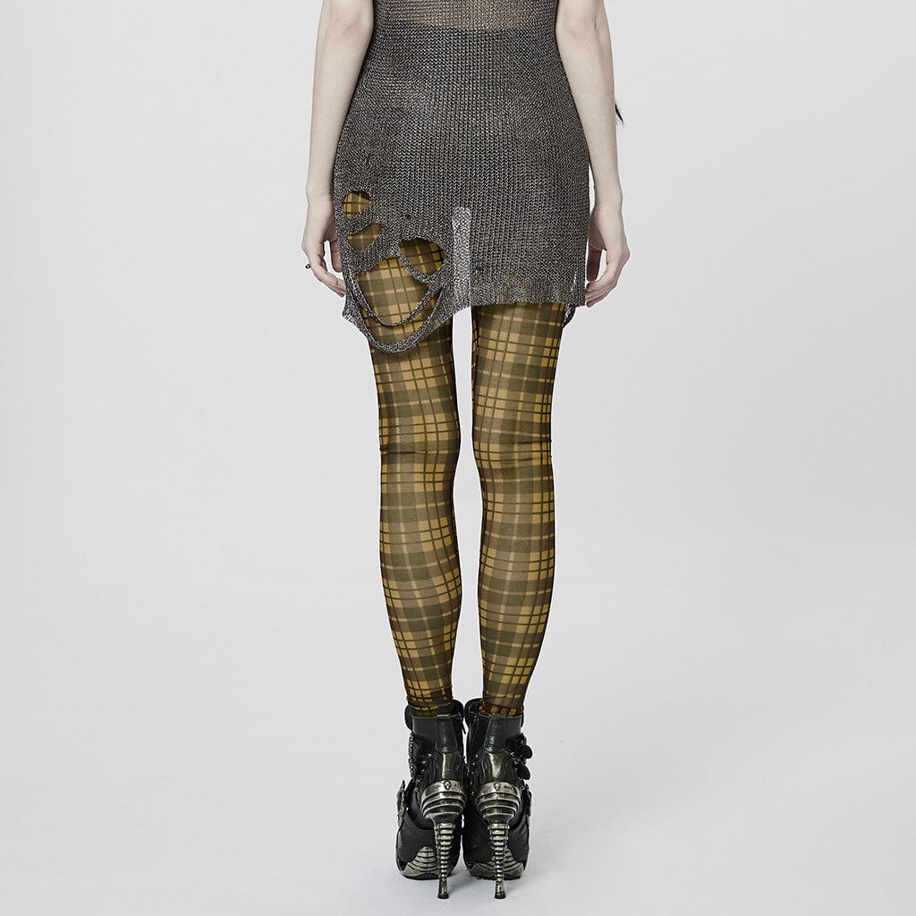 PUNK RAVE Women's Grunge Sheer Plaid Leggings