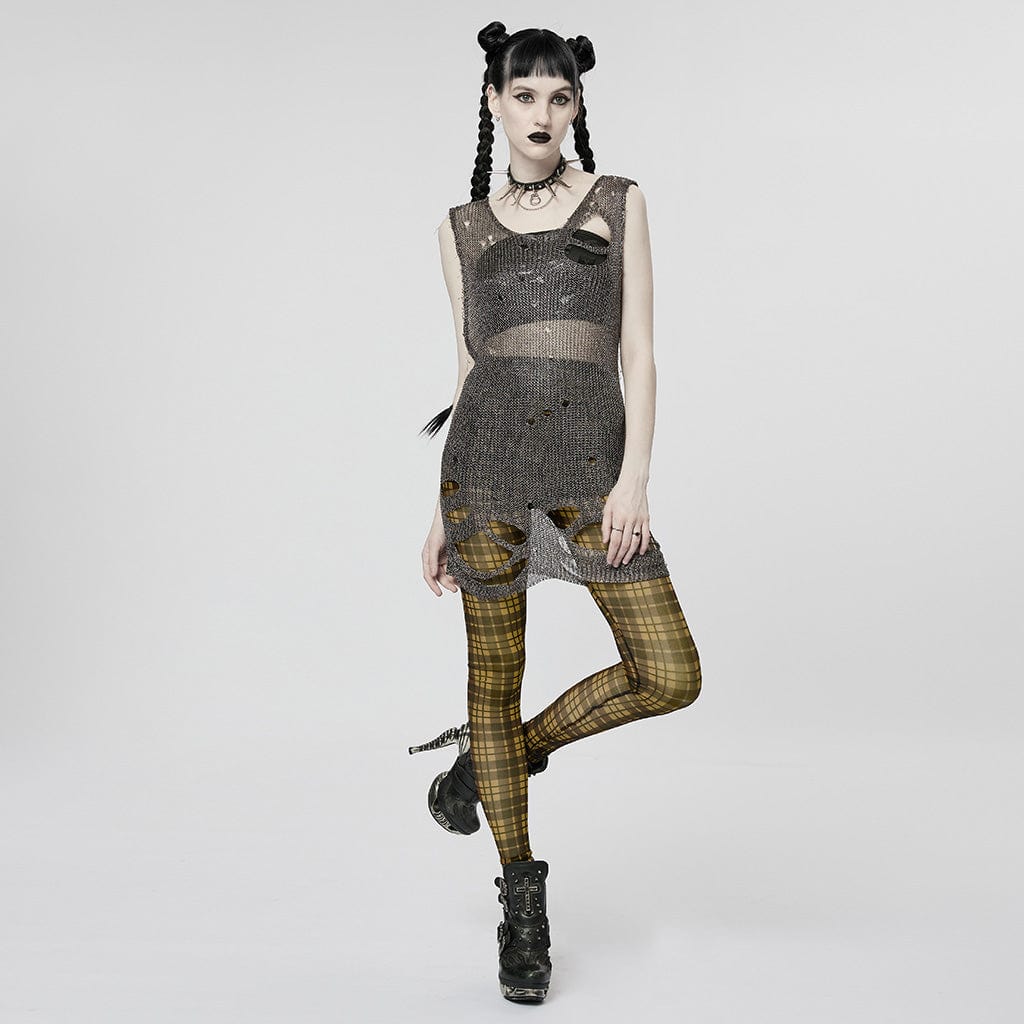 PUNK RAVE Women's Grunge Sheer Plaid Leggings