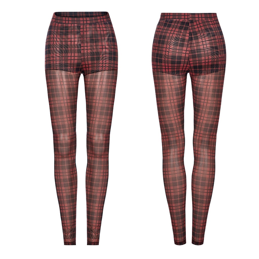 PUNK RAVE Women's Grunge Sheer Plaid Leggings