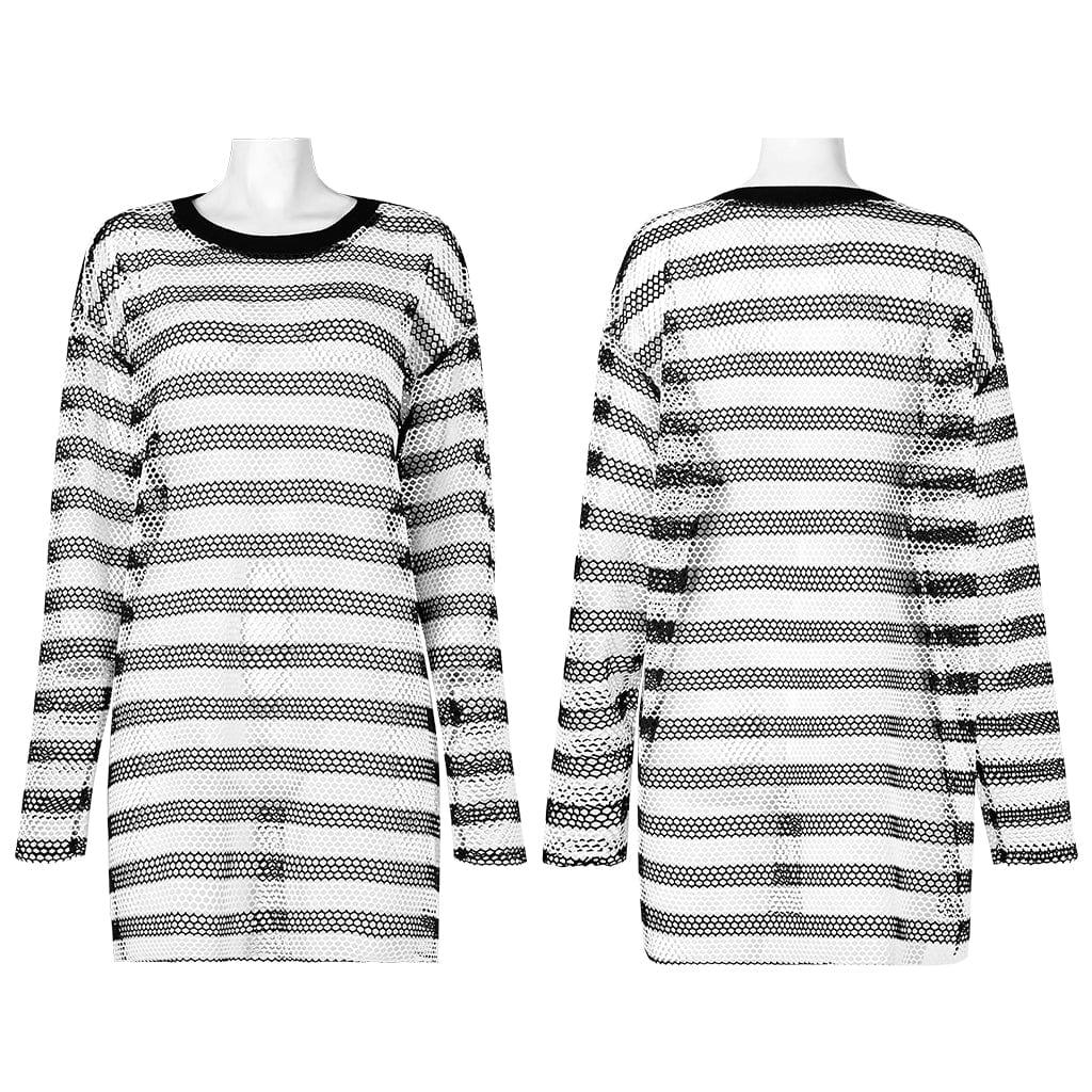 Punk Rave Women's Grunge Sheer Stripes Long Shirts