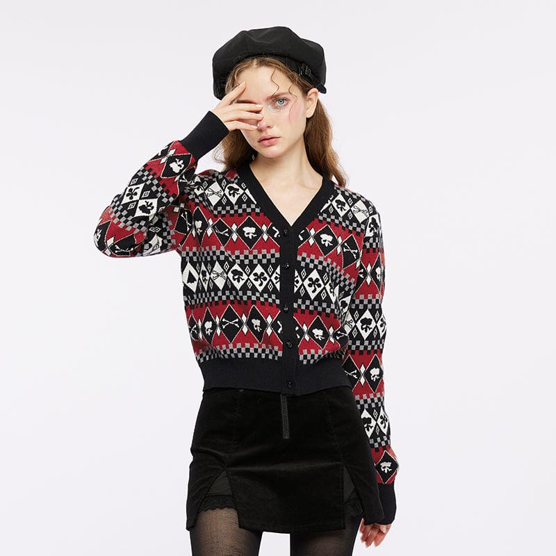 PUNK RAVE Women's Grunge Skull Diamond Knitted Cardigan