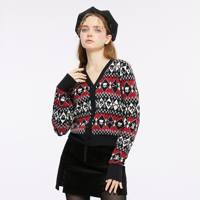 PUNK RAVE Women's Grunge Skull Diamond Knitted Cardigan