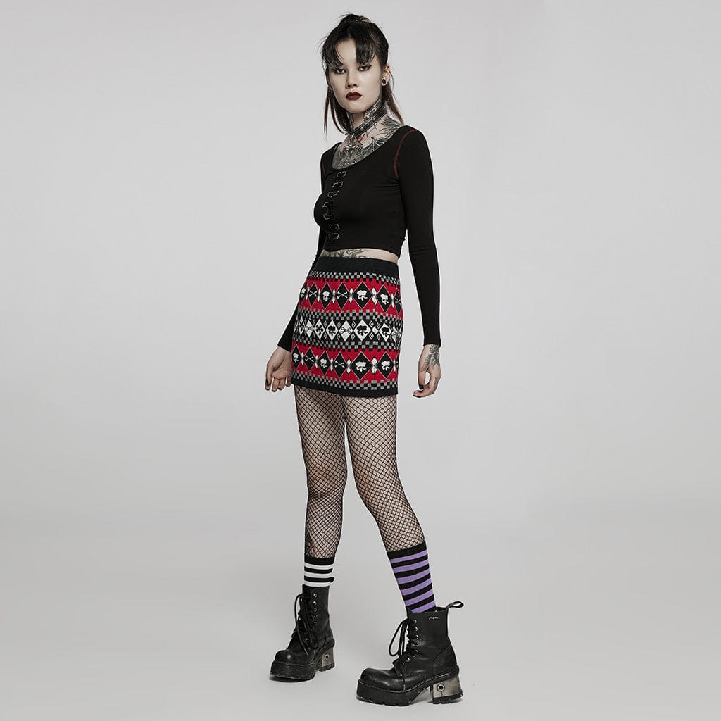 PUNK RAVE Women's Grunge Skull Diamond Knitted Skirt