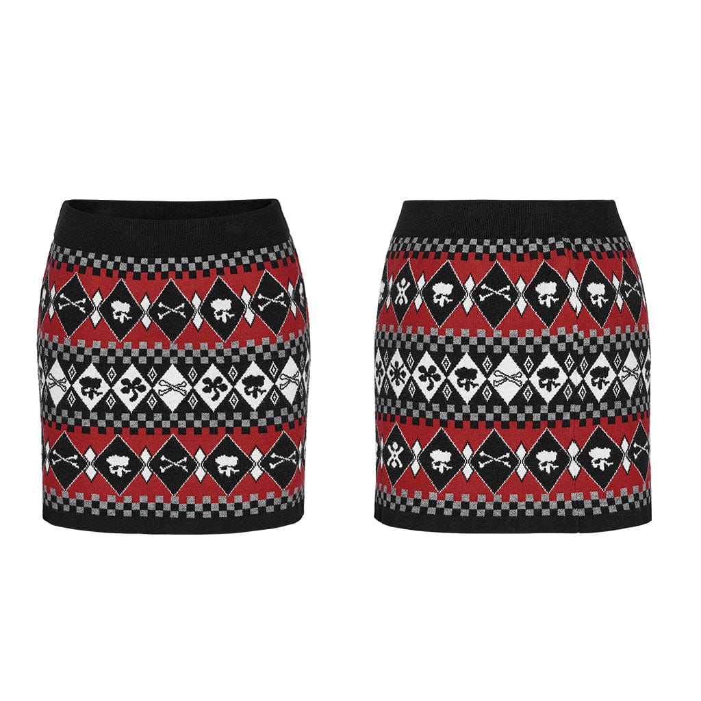 PUNK RAVE Women's Grunge Skull Diamond Knitted Skirt