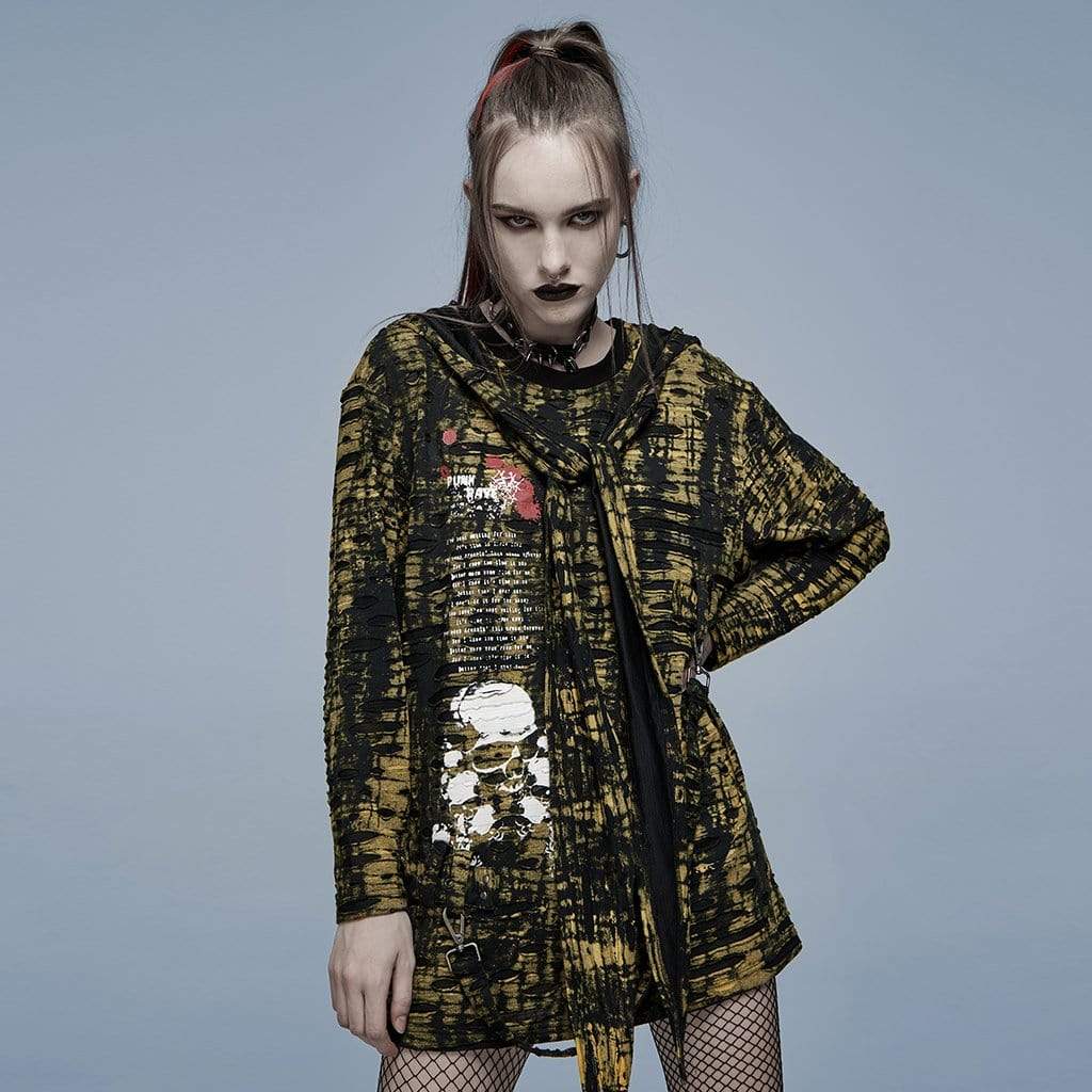 Punk Rave Women's Grunge Skull Printed Ripped Shirt with Detachable Hood