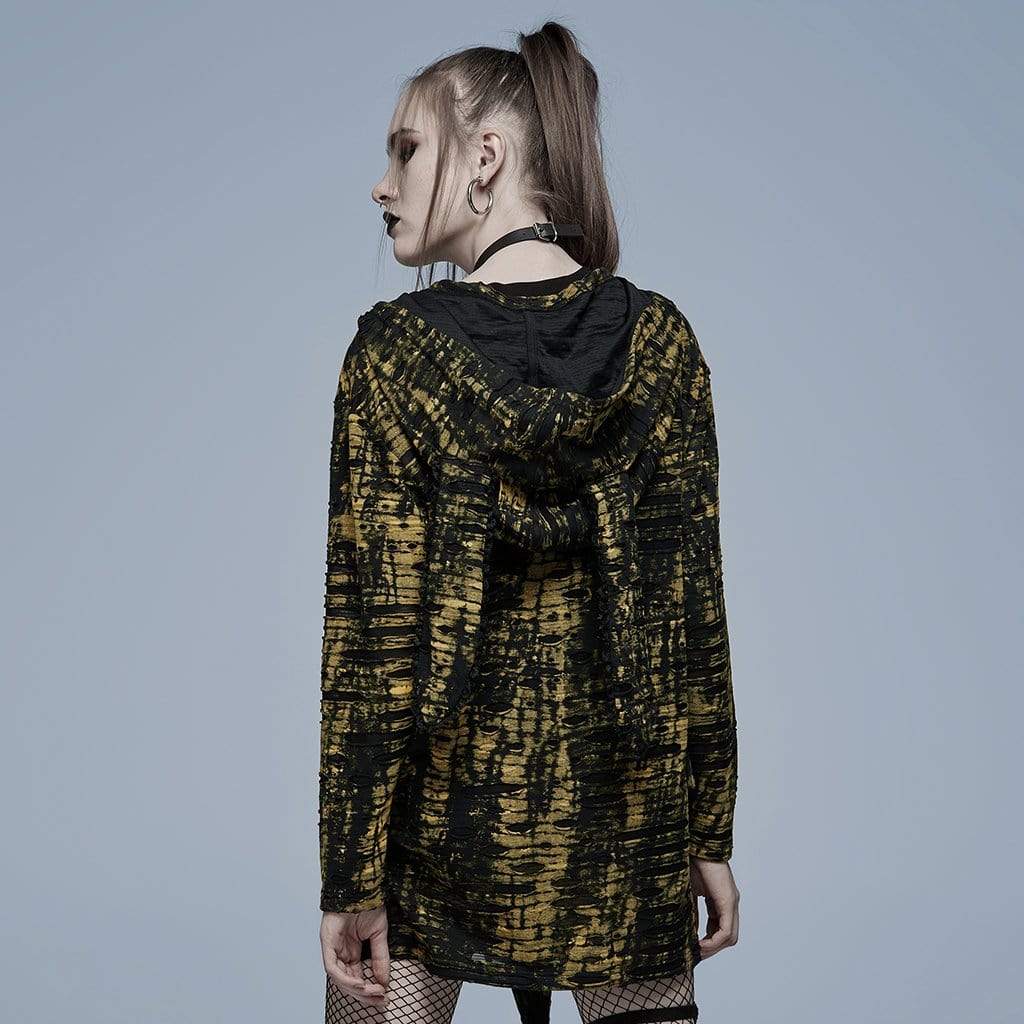 Punk Rave Women's Grunge Skull Printed Ripped Shirt with Detachable Hood