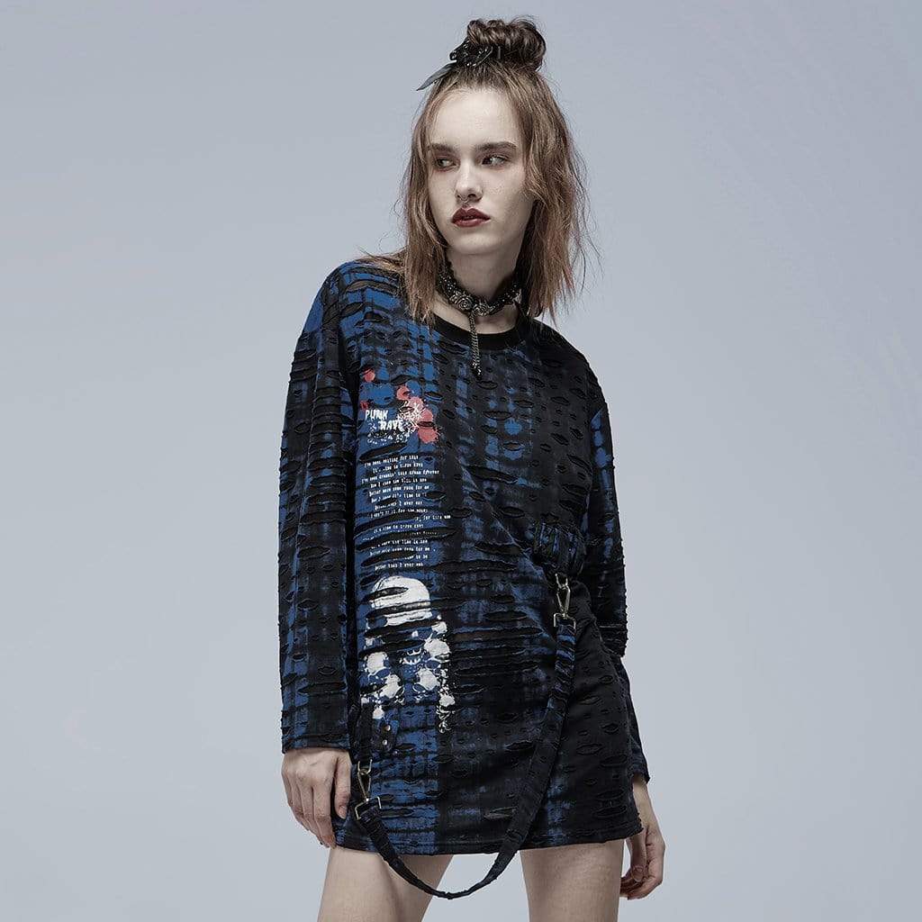 Punk Rave Women's Grunge Skull Printed Ripped Shirt with Detachable Hood