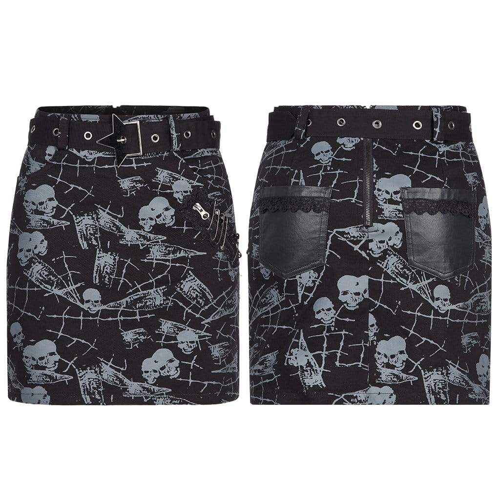 Punk Rave Women's Grunge Skull Printed Skirt with Belt