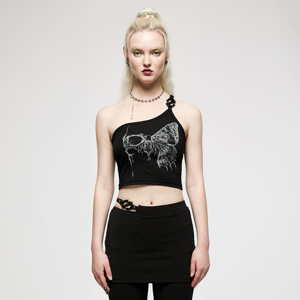 Punk Rave Women's Grunge Skull Printed Slash Shoulder Crop Top