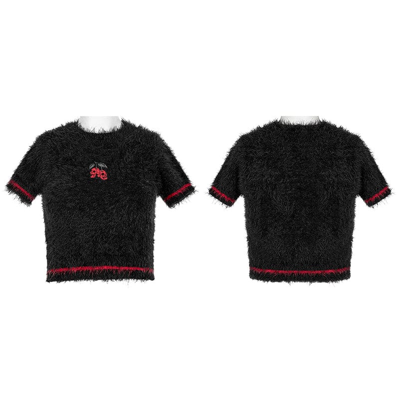 PUNK RAVE Women's Grunge Skulls Embroidered Fluffy Sweater with Oversleeves