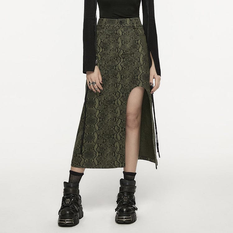 PUNK RAVE Women's Grunge Snakeskin Printed Split Skirt