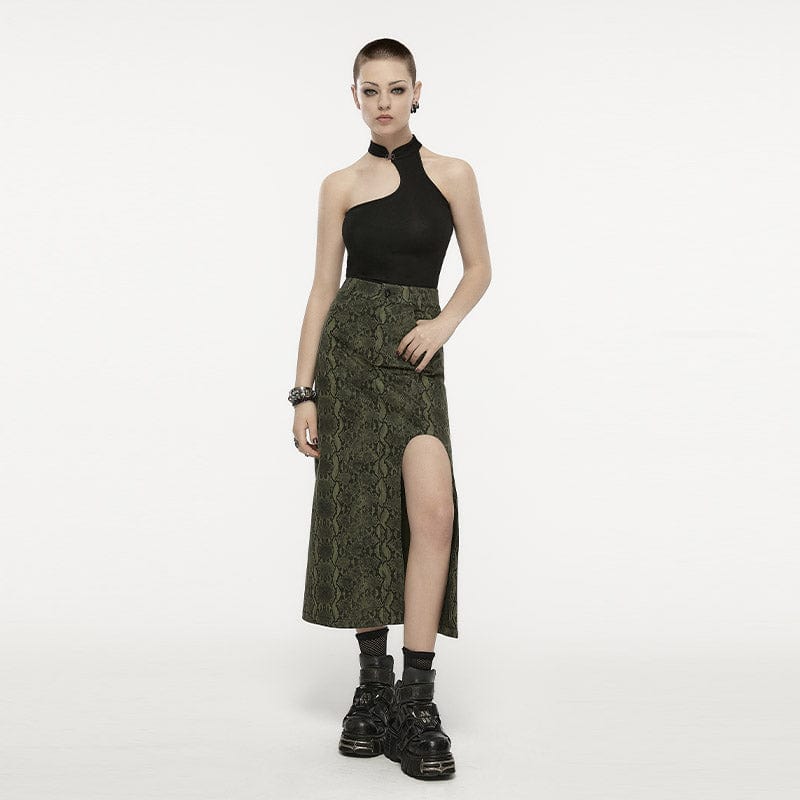 PUNK RAVE Women's Grunge Snakeskin Printed Split Skirt