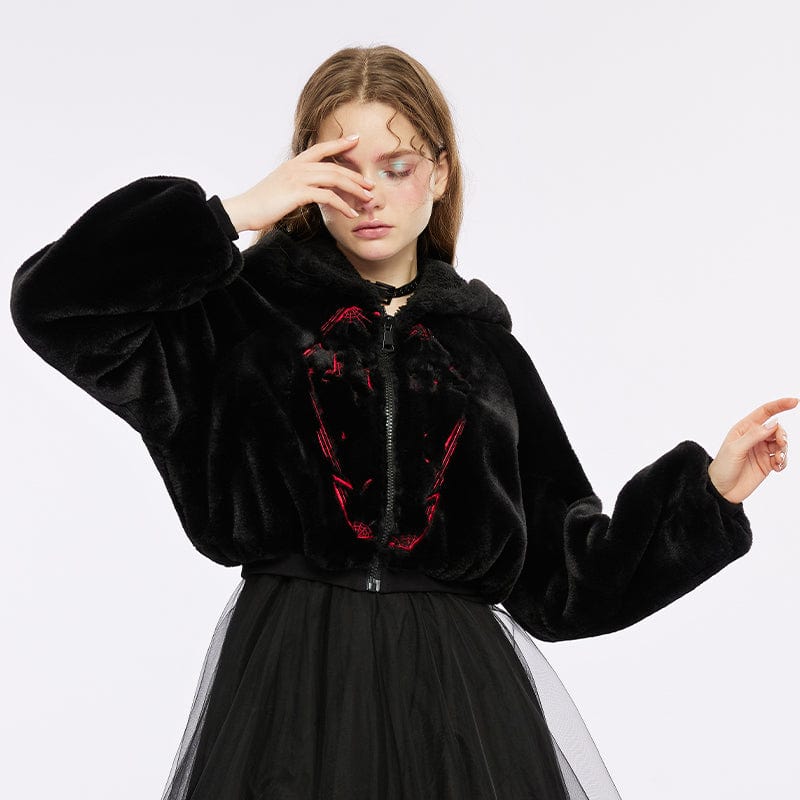 PUNK RAVE Women's Grunge Spider Web Embroidered Fluffy Coat