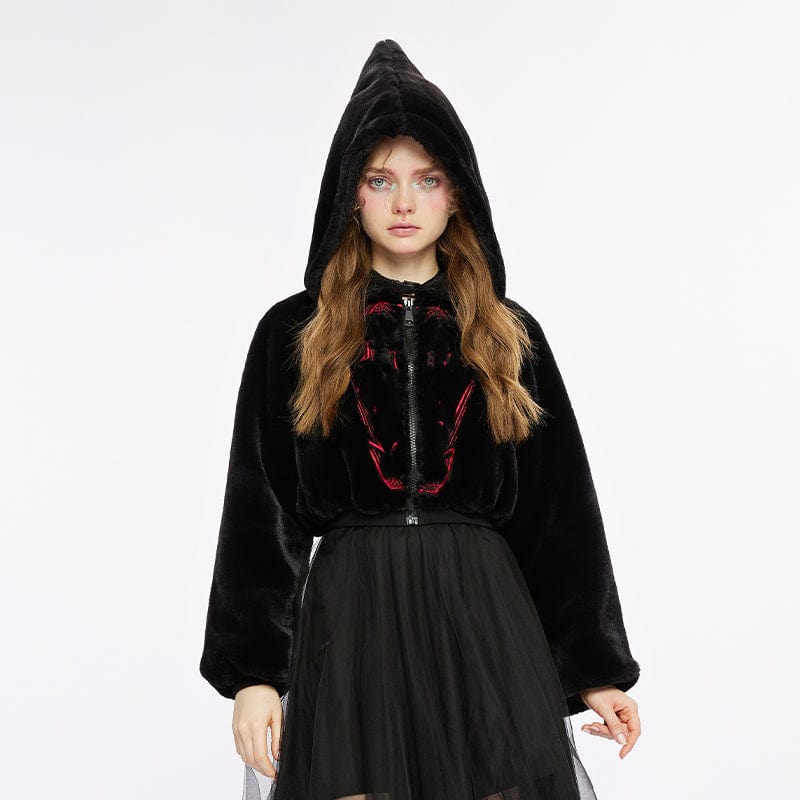 PUNK RAVE Women's Grunge Spider Web Embroidered Fluffy Coat