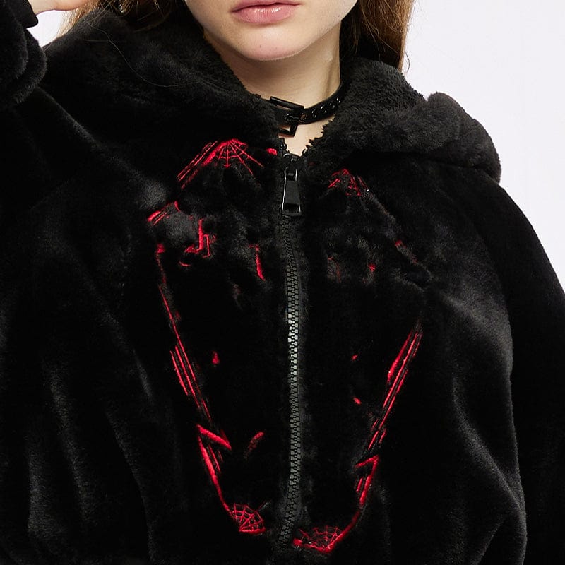 PUNK RAVE Women's Grunge Spider Web Embroidered Fluffy Coat