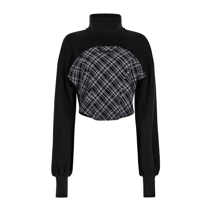 PUNK RAVE Women's Grunge Stand Collar Plaid Splice Shirt