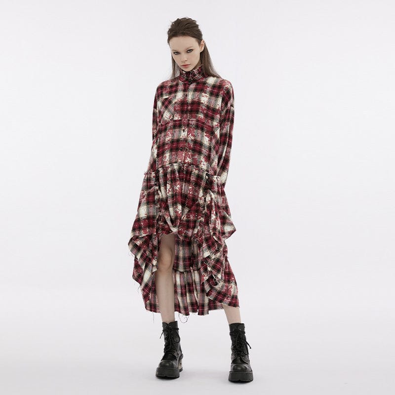 PUNK RAVE Women's Grunge Stand Collar Ruffled Plaid Coat