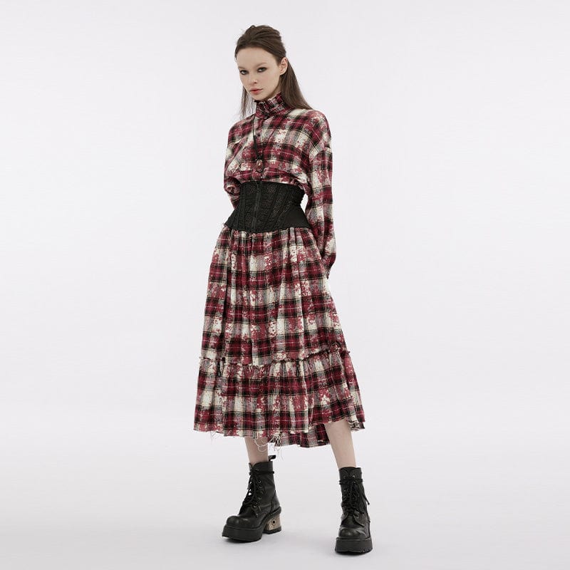 PUNK RAVE Women's Grunge Stand Collar Ruffled Plaid Coat