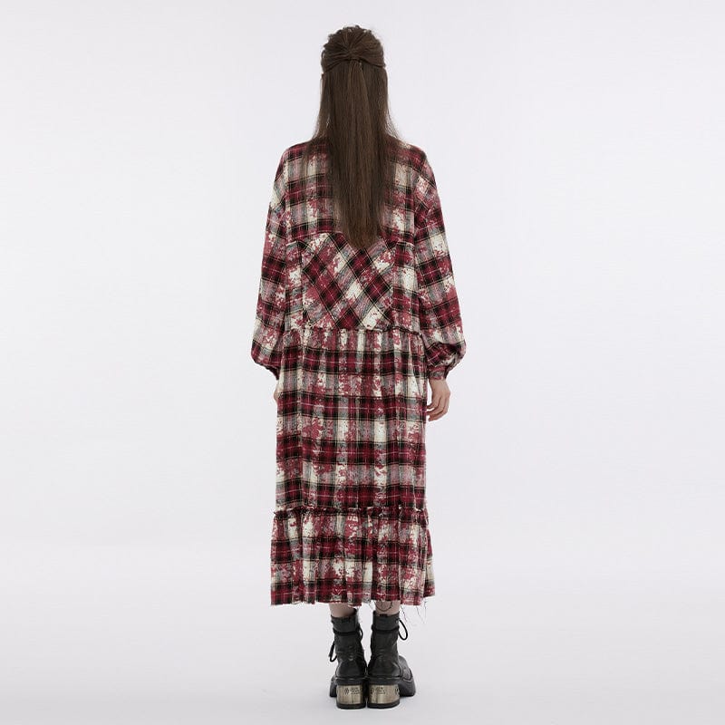 PUNK RAVE Women's Grunge Stand Collar Ruffled Plaid Coat