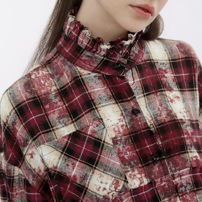 PUNK RAVE Women's Grunge Stand Collar Ruffled Plaid Coat