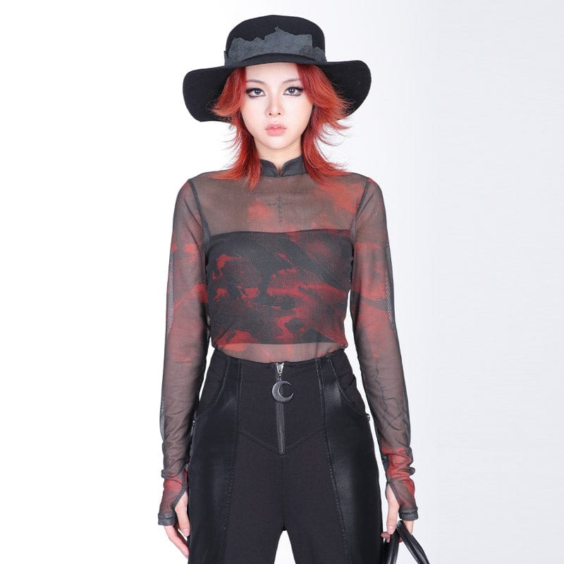 PUNK RAVE Women's Grunge Stand Collar Tie-dye Sheer Mesh Shirt