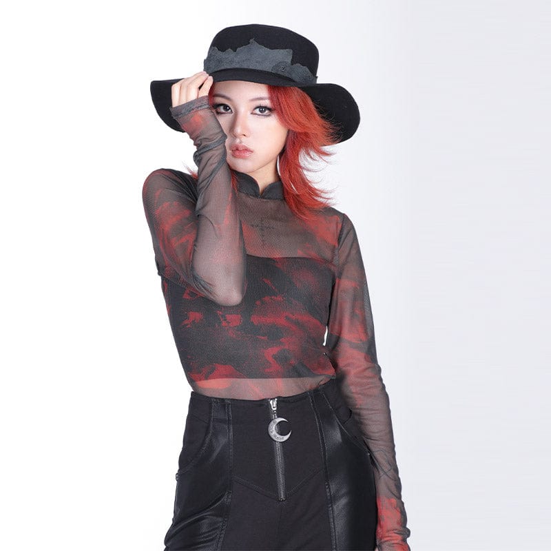 PUNK RAVE Women's Grunge Stand Collar Tie-dye Sheer Mesh Shirt