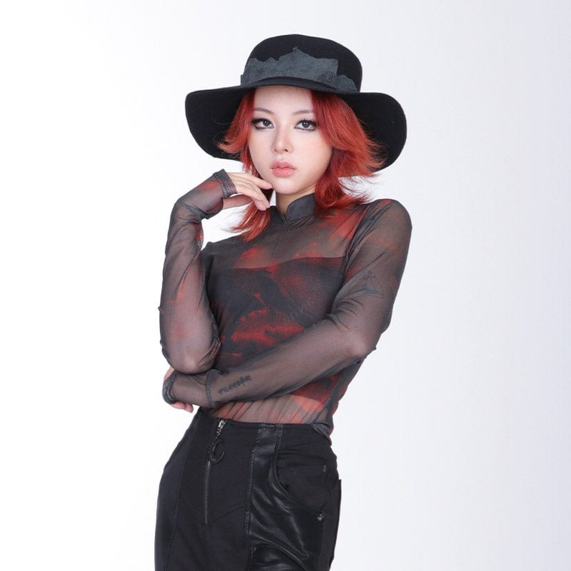 PUNK RAVE Women's Grunge Stand Collar Tie-dye Sheer Mesh Shirt