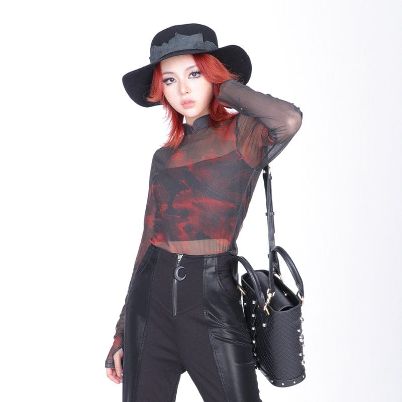 PUNK RAVE Women's Grunge Stand Collar Tie-dye Sheer Mesh Shirt