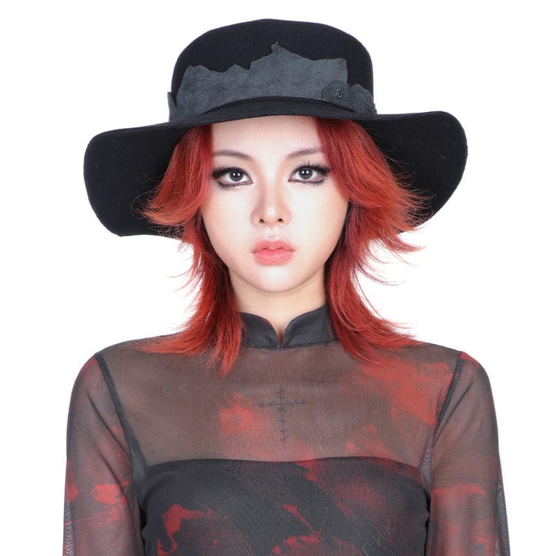 PUNK RAVE Women's Grunge Stand Collar Tie-dye Sheer Mesh Shirt