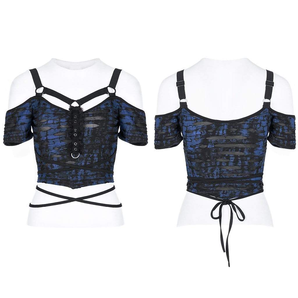 Punk Rave Women's Grunge Strappy Off Shoulder Ripped Crop Top