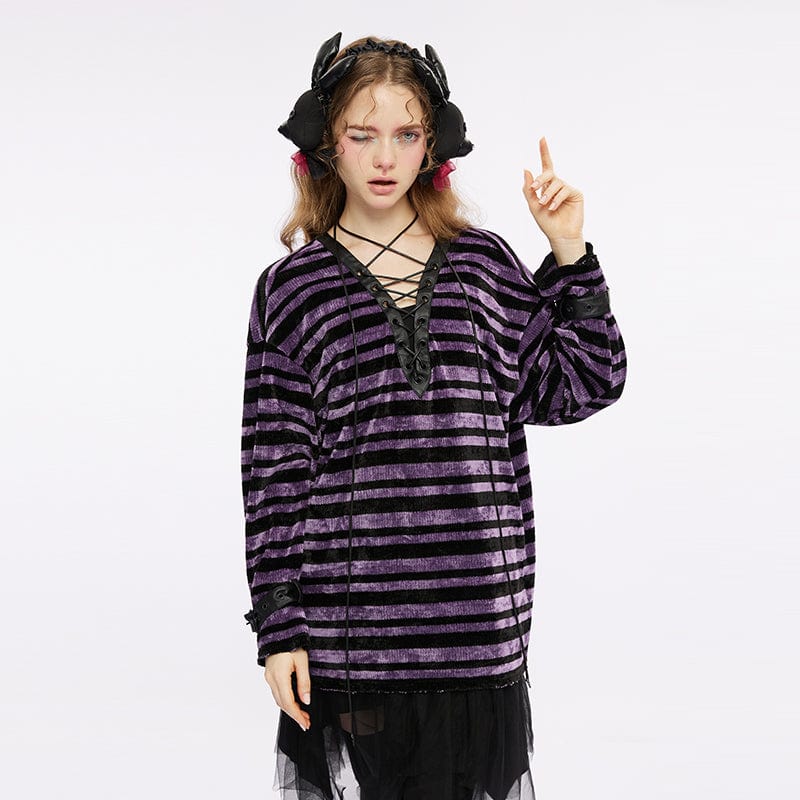 PUNK RAVE Women's Grunge Strappy Plunging Stripes Shirt