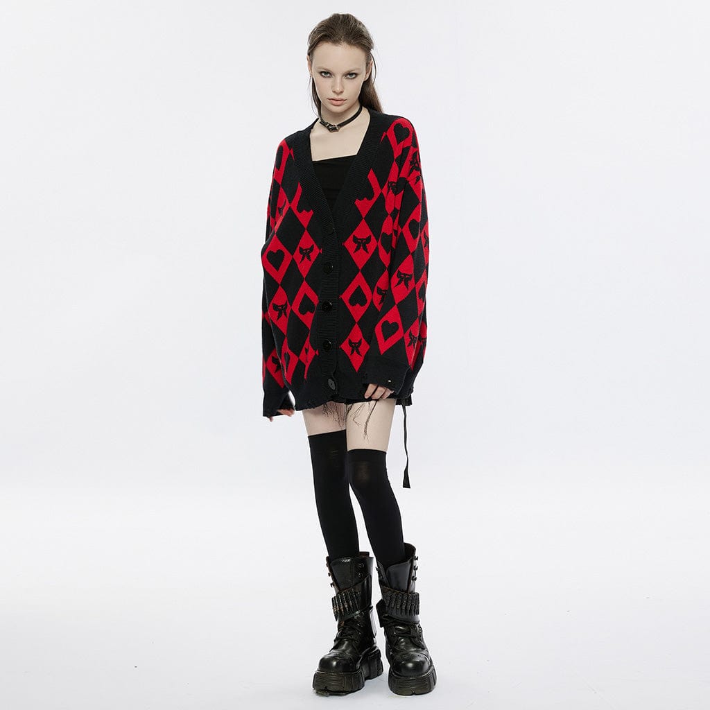 PUNK RAVE Women's Grunge Unedged Loose Plaid Cardigan