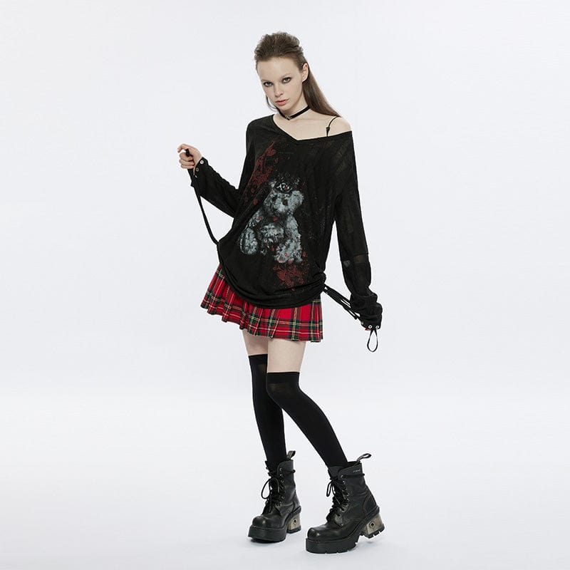 PUNK RAVE Women's Grunge V-neck Bear Printed Loose Shirt Dress