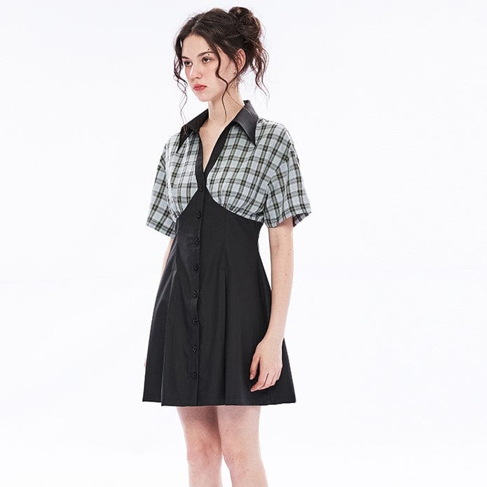 PUNK RAVE Women's Grunge V-neck Green Plaid Splice Short-sleeved Dress